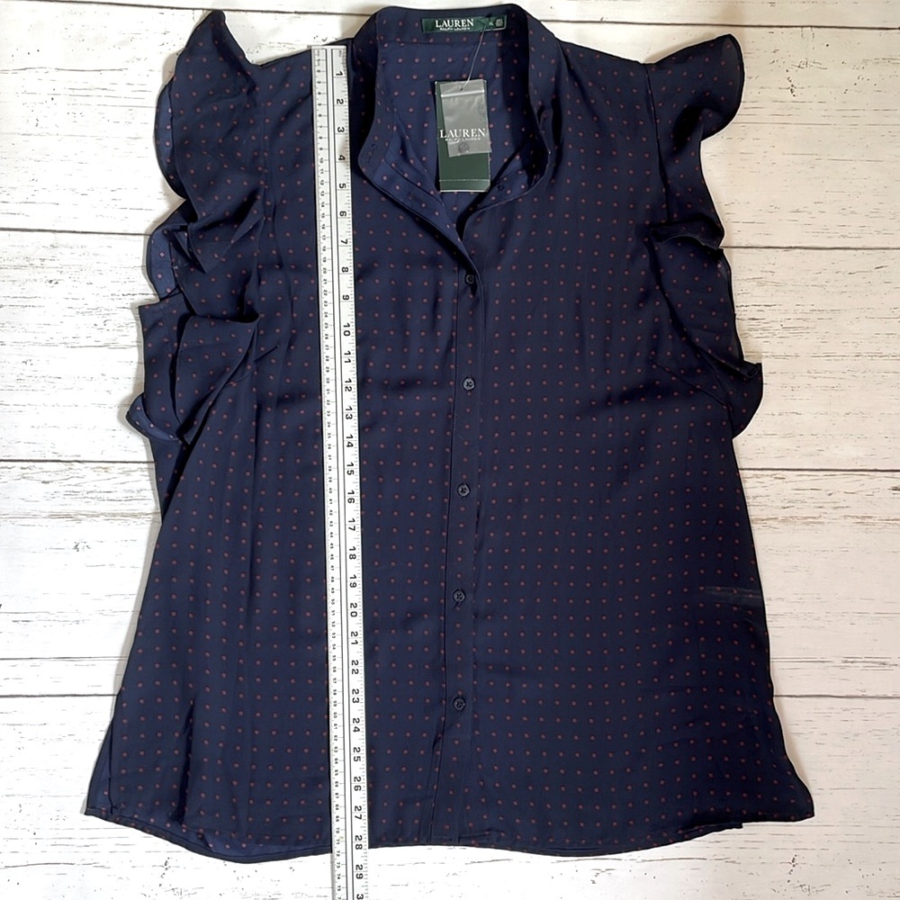 Lauren Ralph Lauren Navy Blue Ruffle Sleeved Polka Dot Blouse, size XL, NWT - Picture 12 of 12
